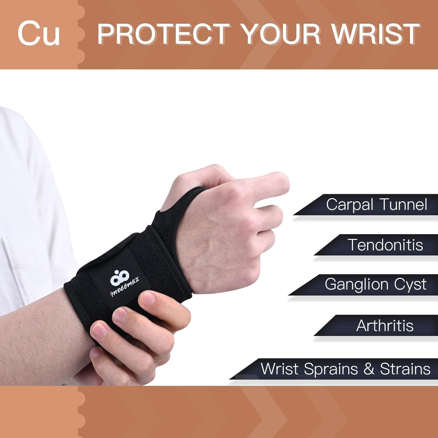 2 Pack Adjustable Copper Wrist Brace for Carpal Tunnel & Arthritis Pain Relief