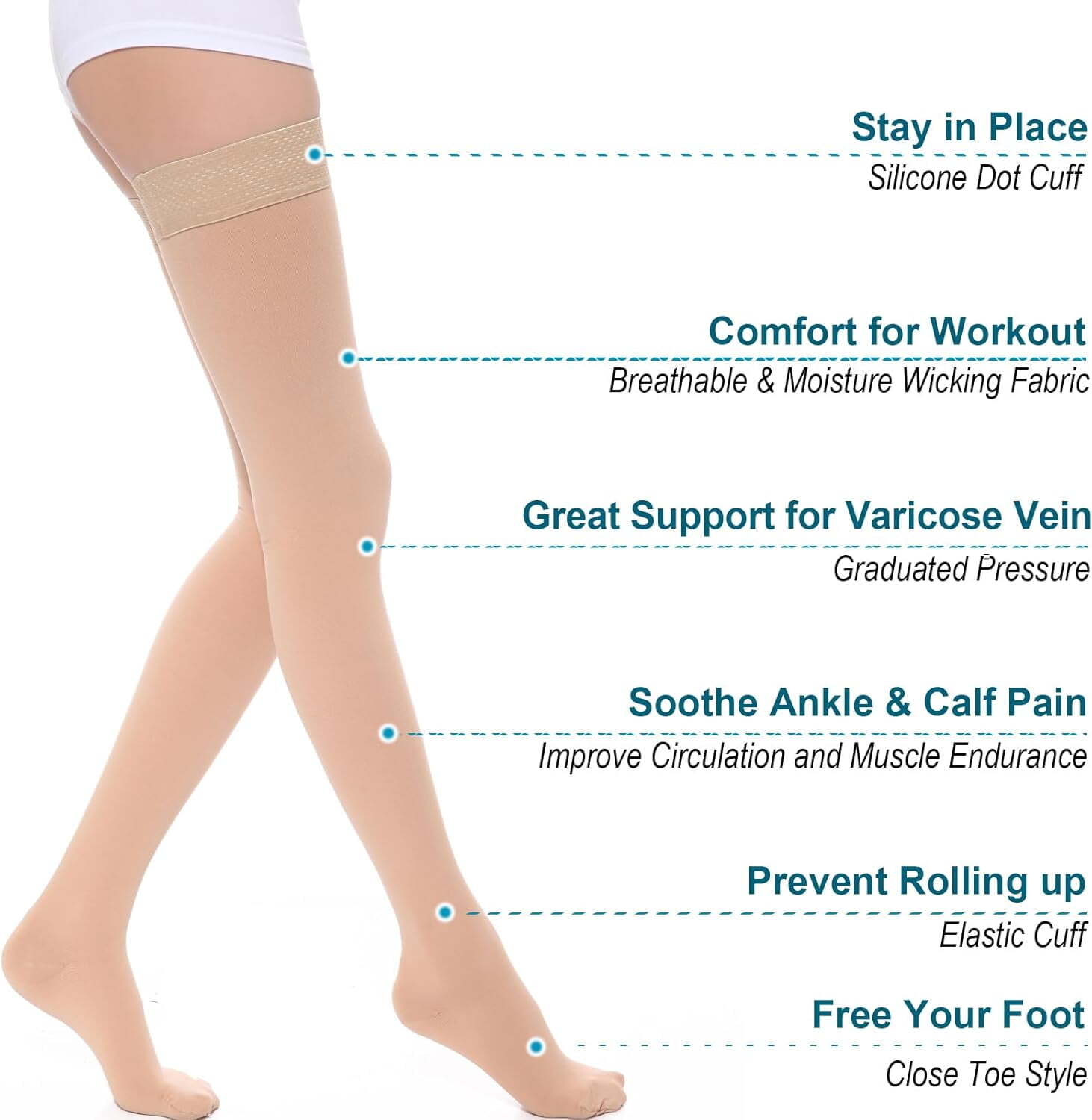 Thigh High Medical Compression Stockings for Treatment Varicose Veins Swelling