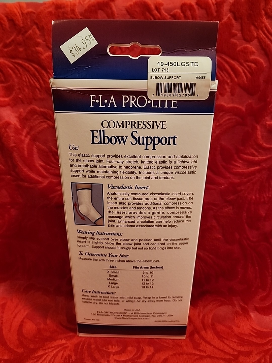 FLA PRO LITE Compressive Elbow Support W/Viscoelastic Insert Large New In Box