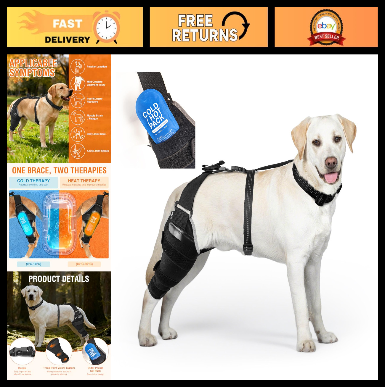 Adjustable Dog Knee Brace for Back Leg Support – Breathable ACL Wrap with Hot/Co