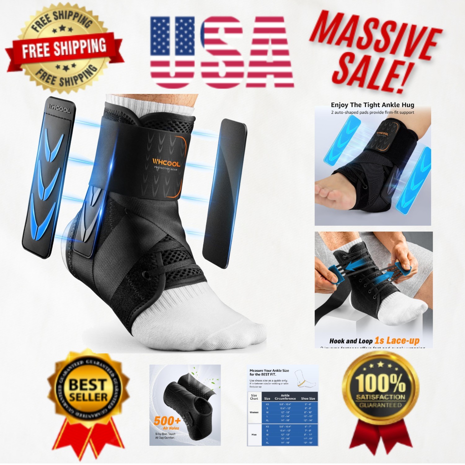 Slim-Fit Ankle Brace with Quick Lace-Up & 2 Shaped Pads for Sports M 12-13”