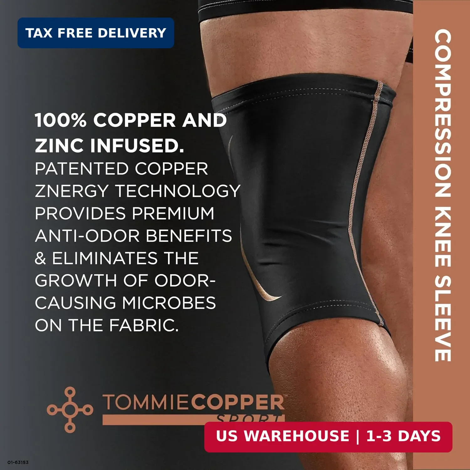 Tommie Copper Knee Compression Sleeve, 15-20 mmHg, Copper (Black L/XL) | 15-20 m