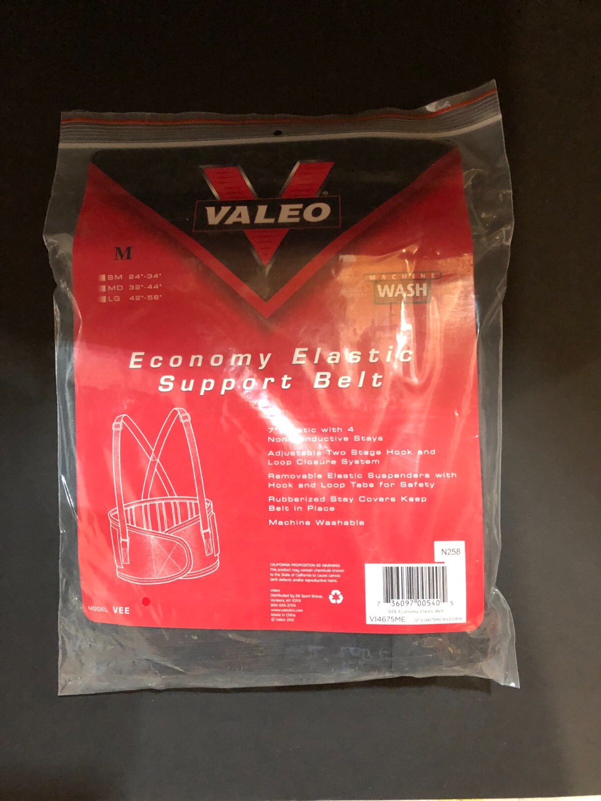 Valeo Back Brace Support – Size Medium – 32″ to 44″ – Adjustable