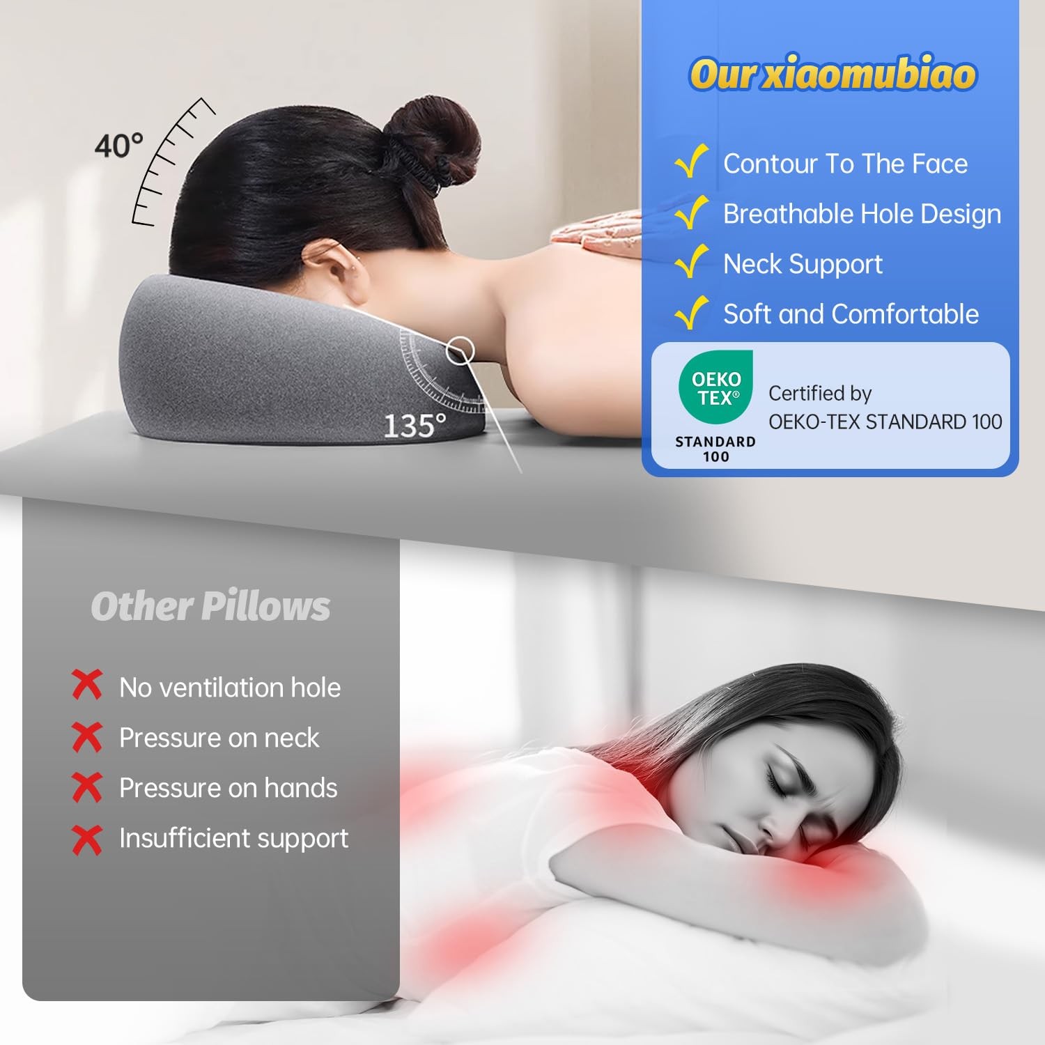 xiaomubiao Face Down Pillows for Massage Table, Headrest Gray