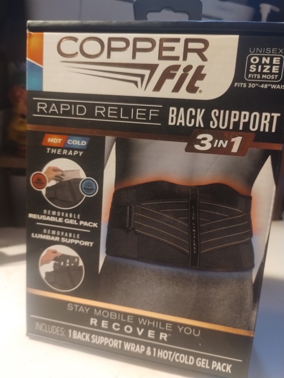 NEW IN BOX Copper Fit Rapid Relief 3-In-1 Hot/Cold Therapy Back Support One Size
