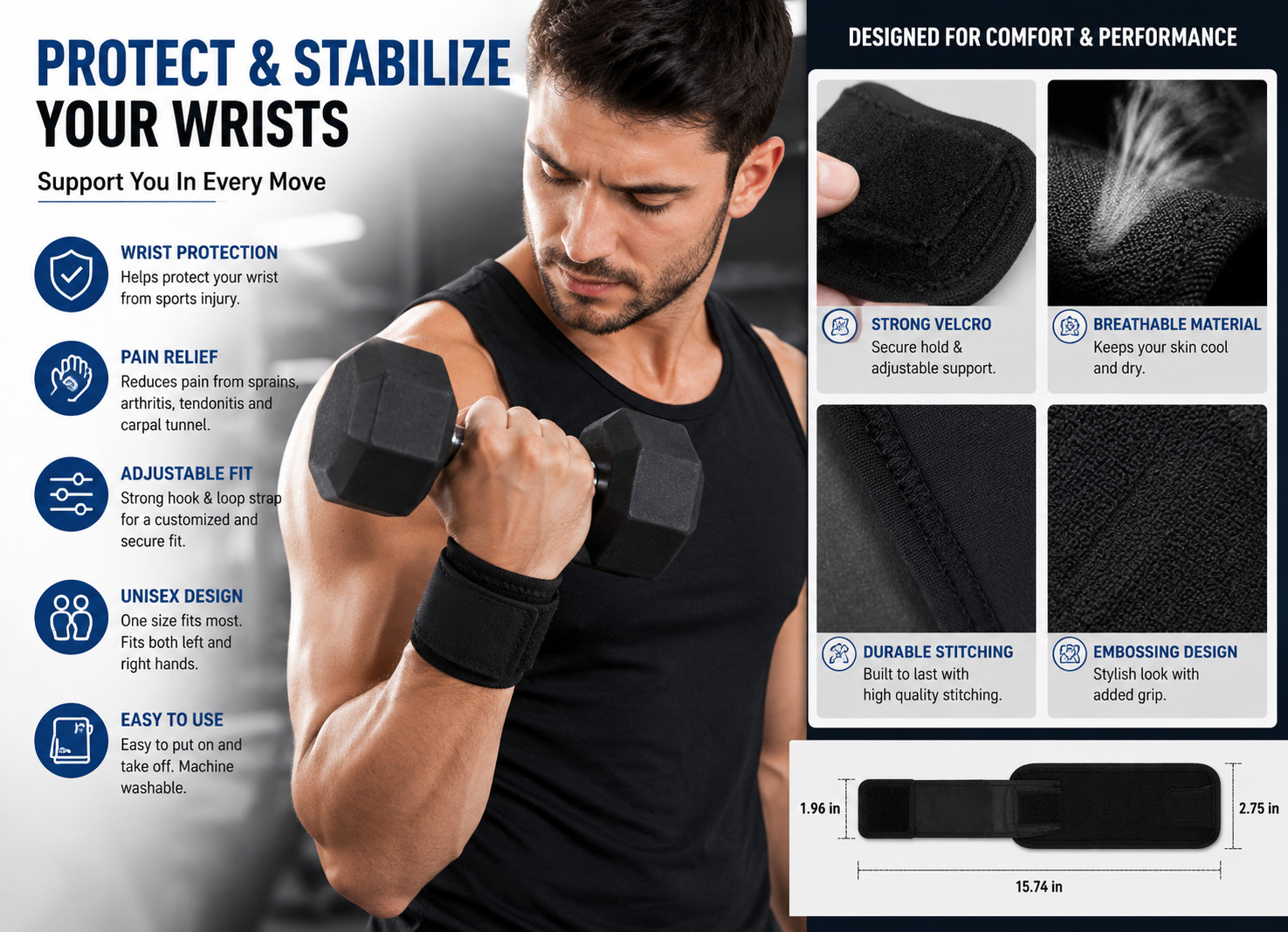 Wrist Support Brace Wrap Adjustable Strap for Gym Sports Left Right Hand