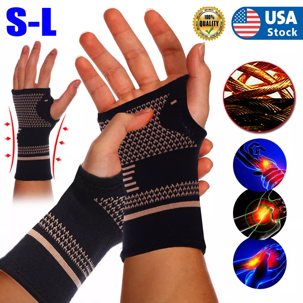 2× Copper Compression Wrist Support Arthritis Glove Carpal Tunnel Pain Relief US