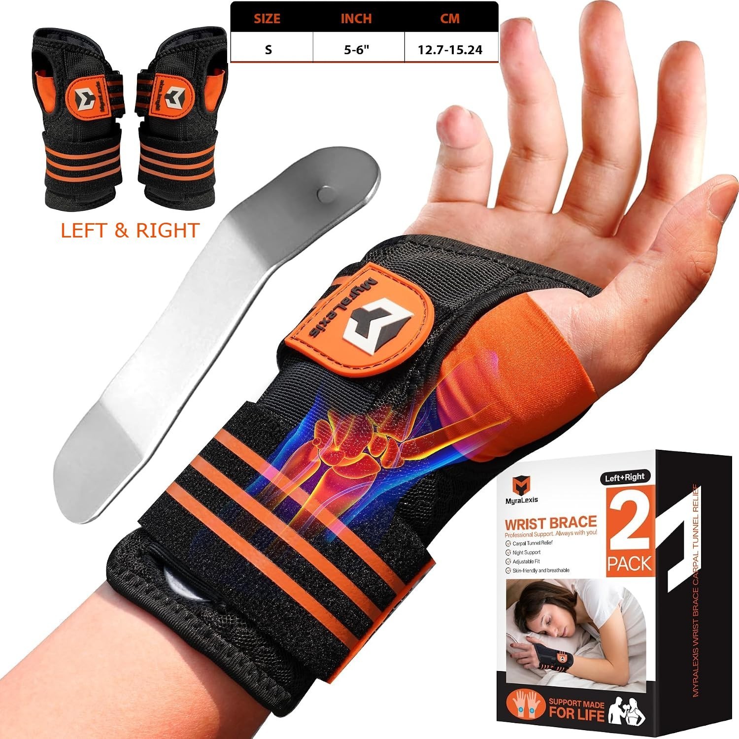 2PK Wrist Brace for Carpal Tunnel – Adjustable Night Support Brace with Splints