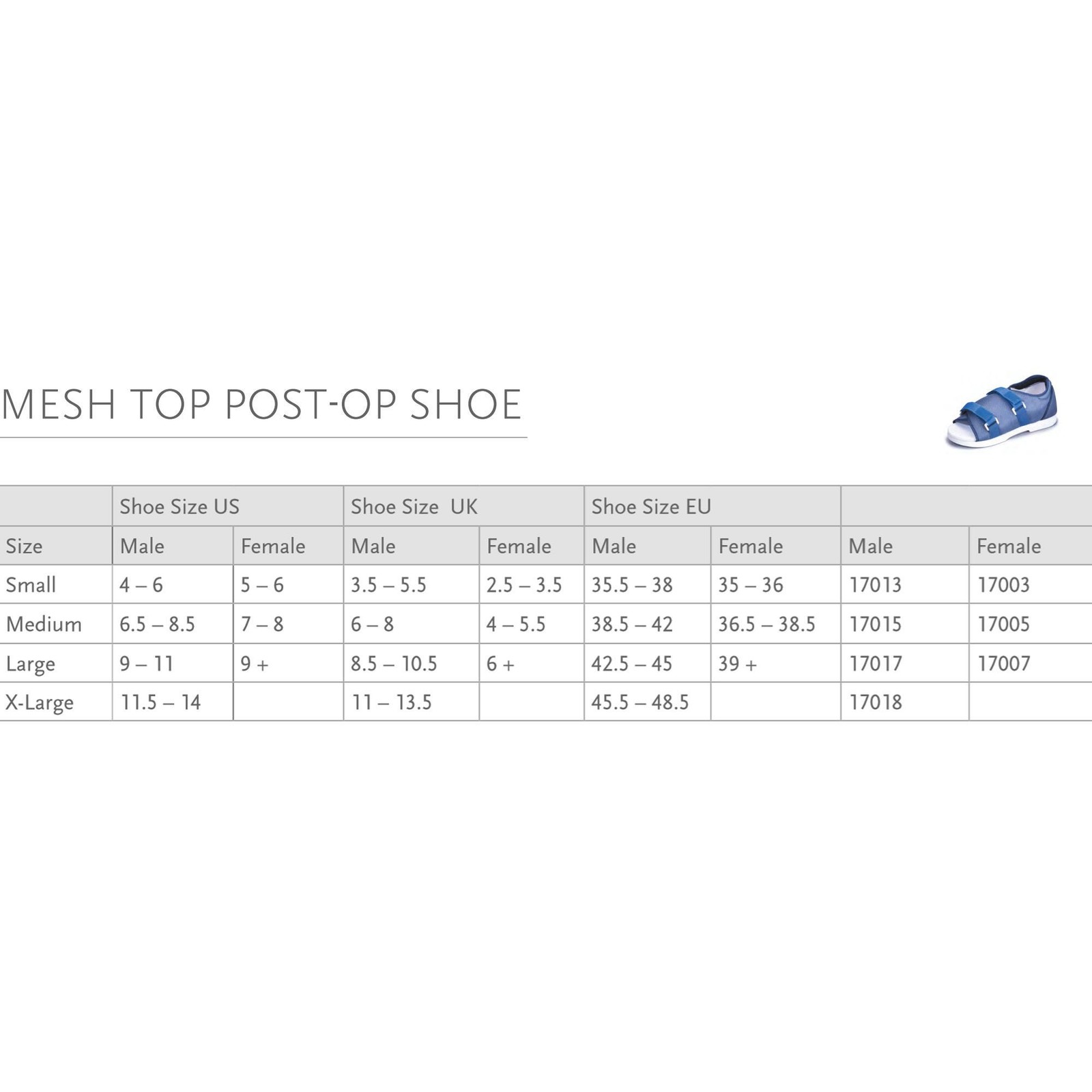Ossur Blue Mesh Top Post-Op Shoe Medium Extended Strap / Dual Side Closure 17005