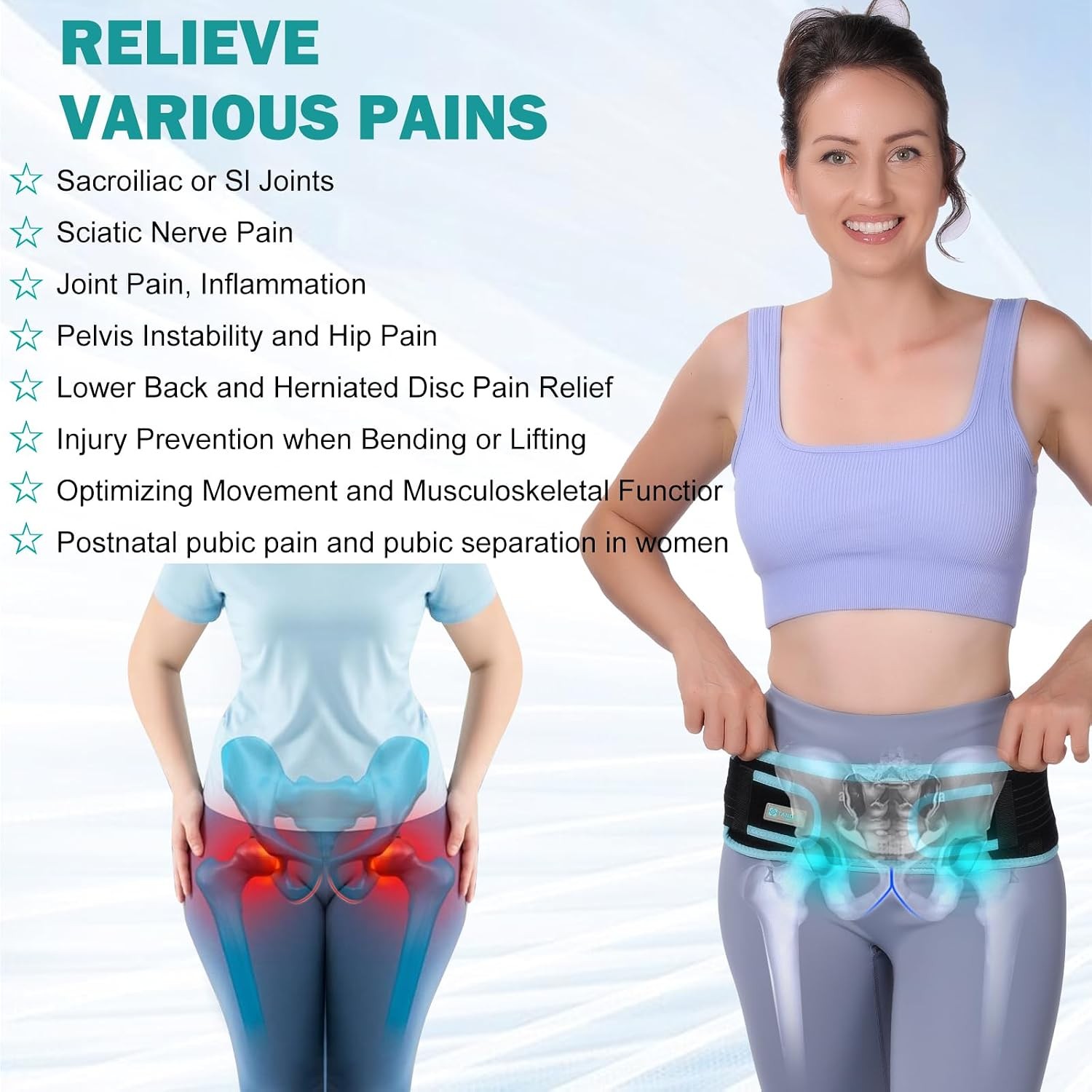 Universal Sacroiliac Hip Belt with Double 3D Pad Anti Slip Strips for Lower