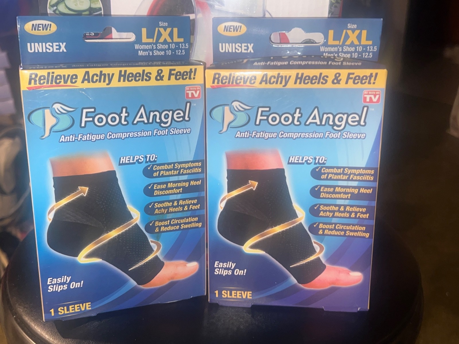 2 Boxes Foot Angel Anti-Fatigue Compression Foot Sleeve Achy Heels L/XL Black