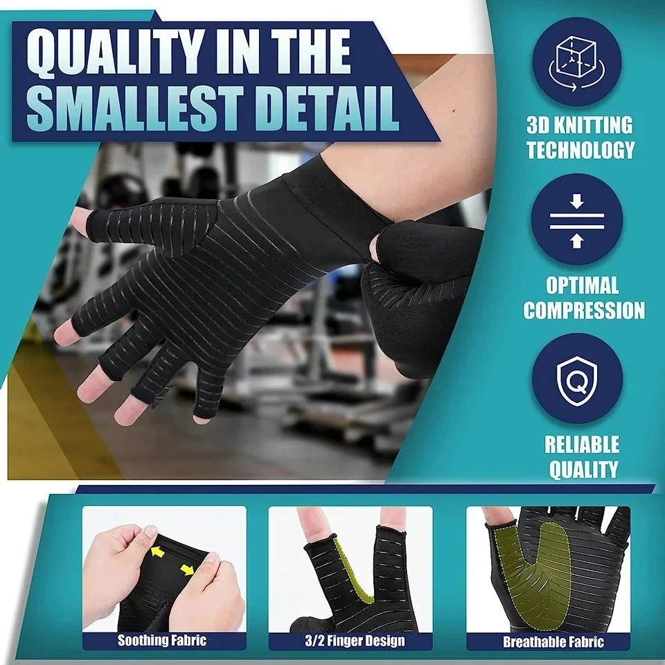 1Pair Copper Arthritis Compression Gloves Fingerless for Carpal Tunnel, Rheumato