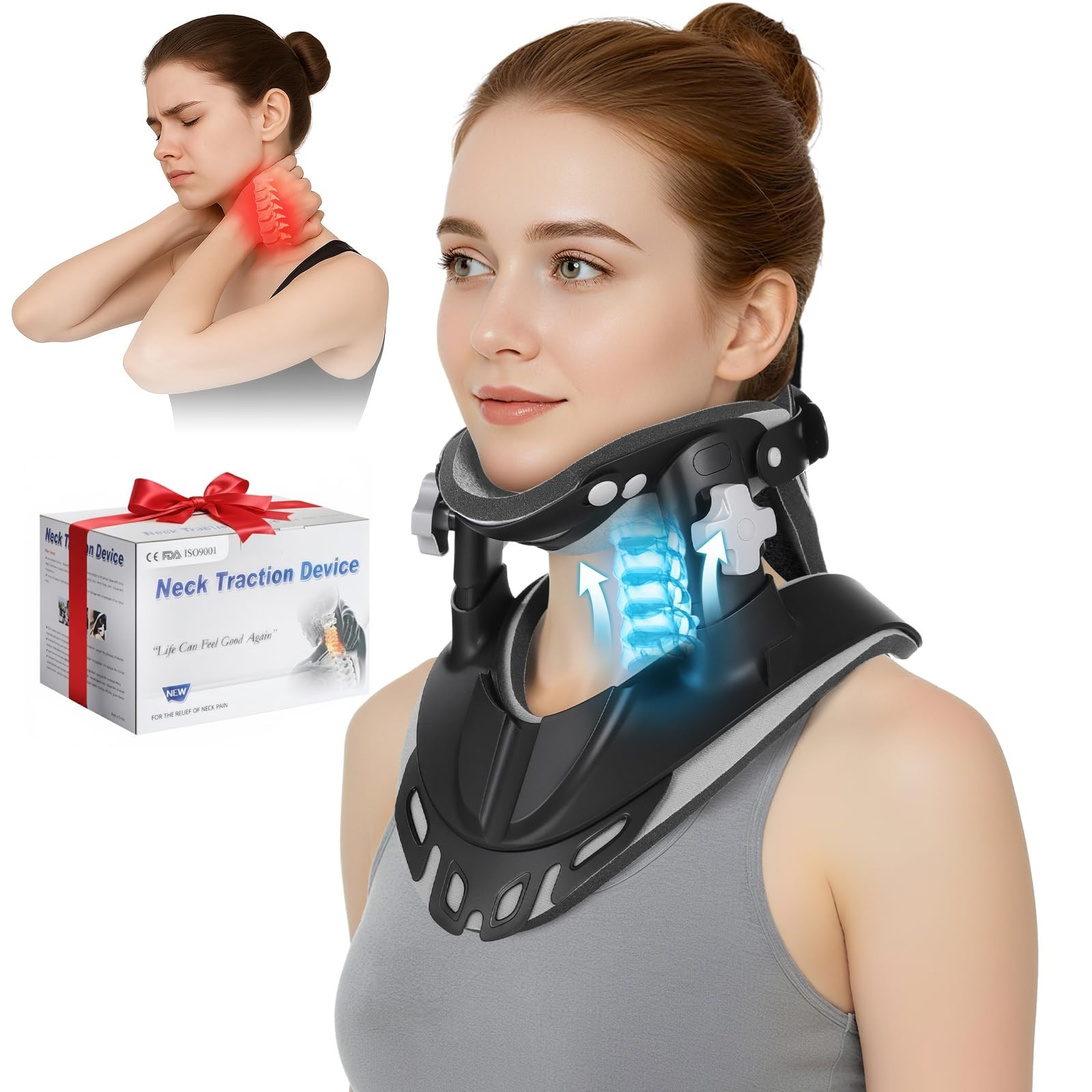 Adjustable Neck Traction Device for Pain Relief | Portable Cervical Stretcher, E