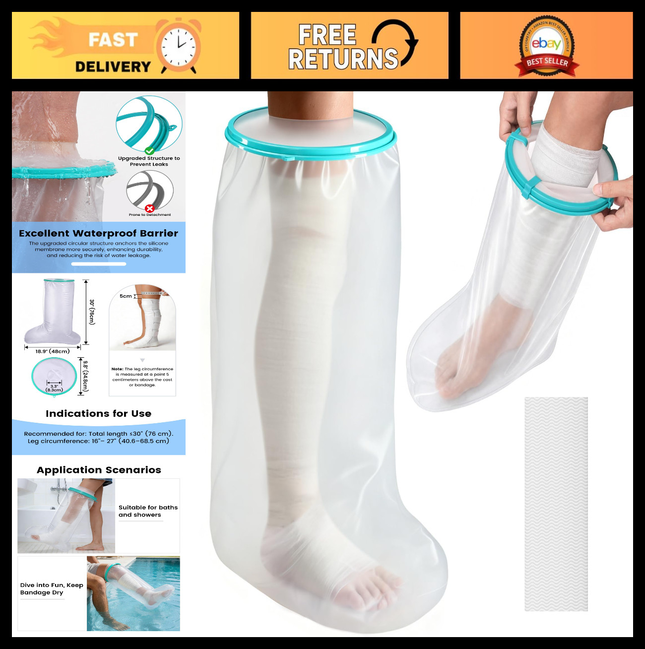Extra Large Waterproof Leg Cast Cover – Anti-Slip, Reusable, Shower Safe for Sen