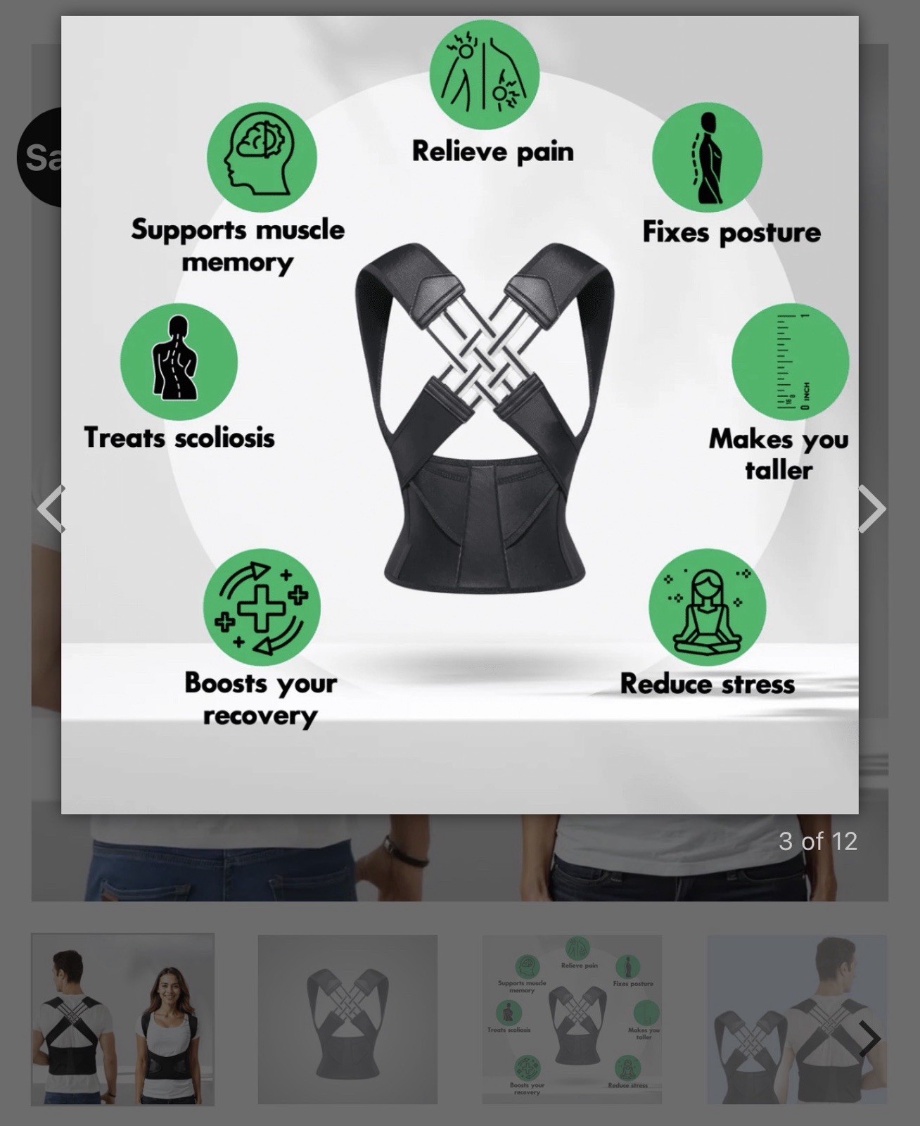 CoreCare Adjustable Posture Corrector Brace Black M Back/Shoulder