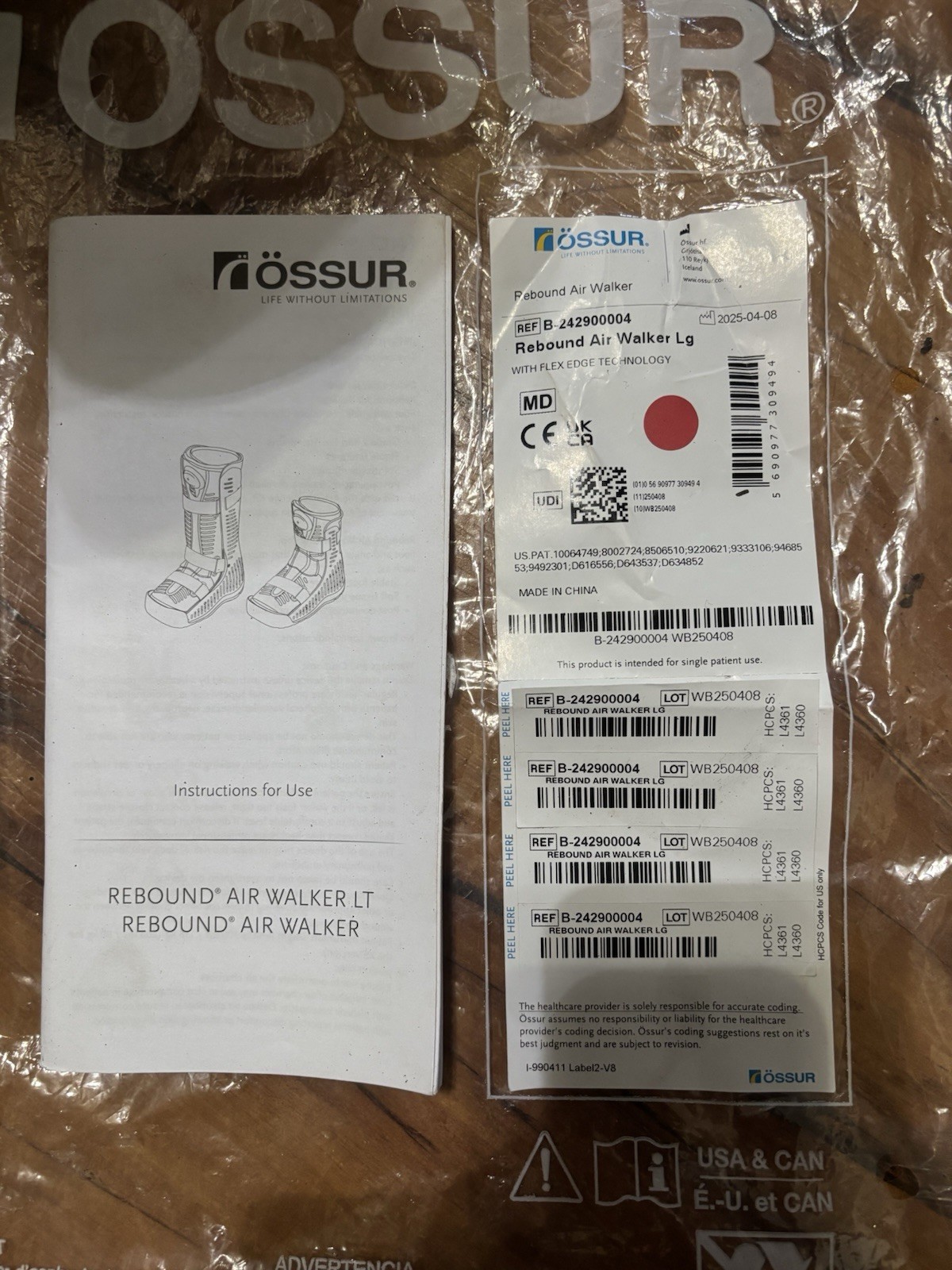 Ossur Rebound Air Walker Boot Low Top Size L w/ Air Pump & Rocker Bottom