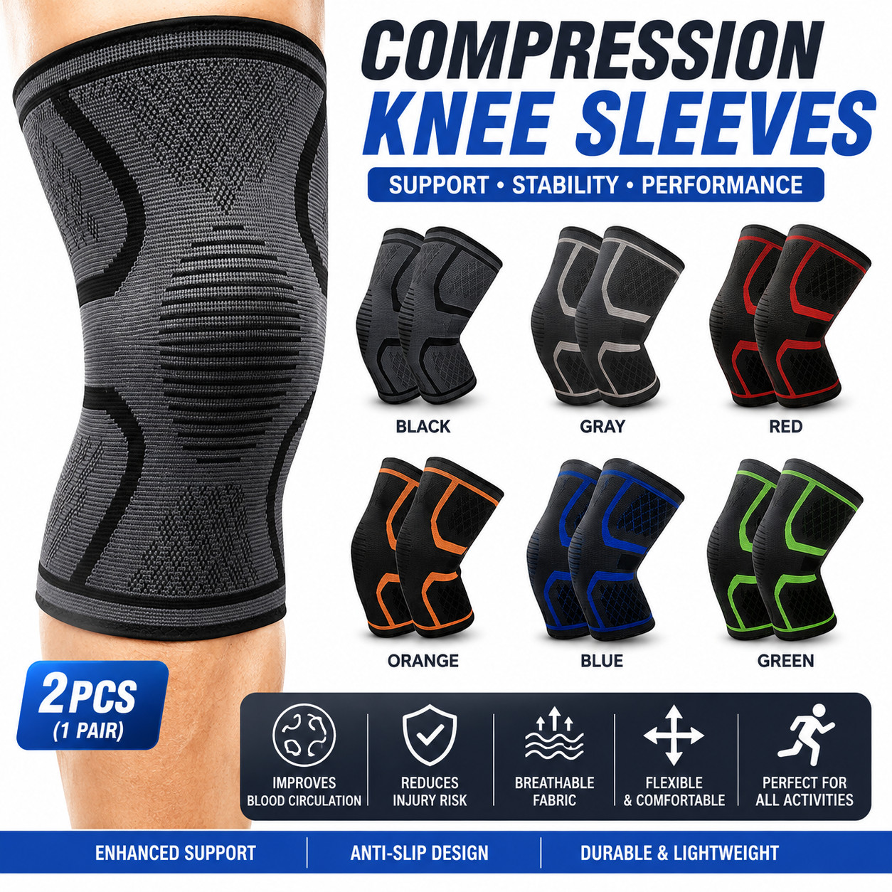 2PCS Knee Compression Sleeves Knee Support Sport Gym Running Fitness Elastic Set