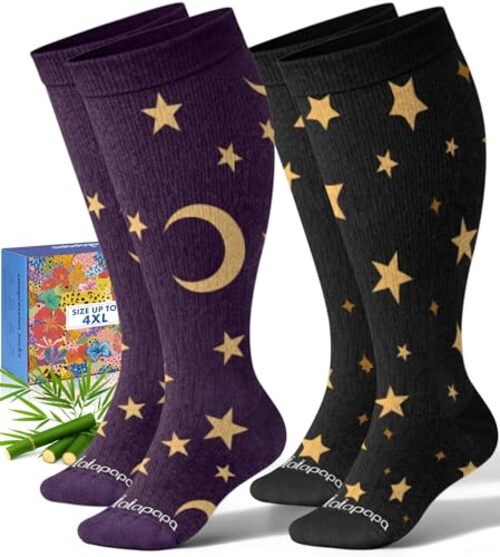 Bamboo Wide Calf Compression Socks for Women Men – 2 Pair 3X-Large Moon & Star