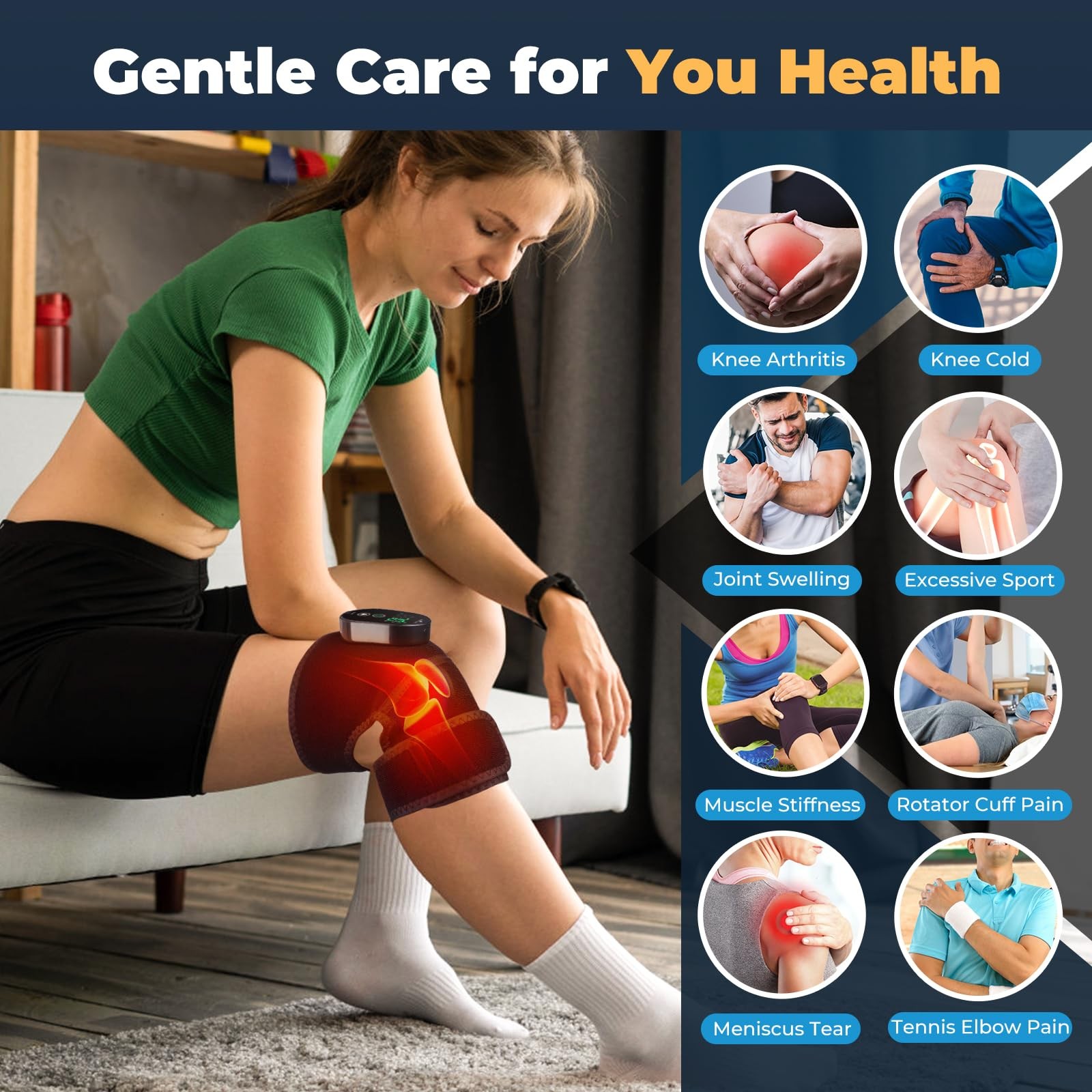 Heated Knee Brace Cordless Heating Pad Multiple Modes Wrap Men Women Seniors