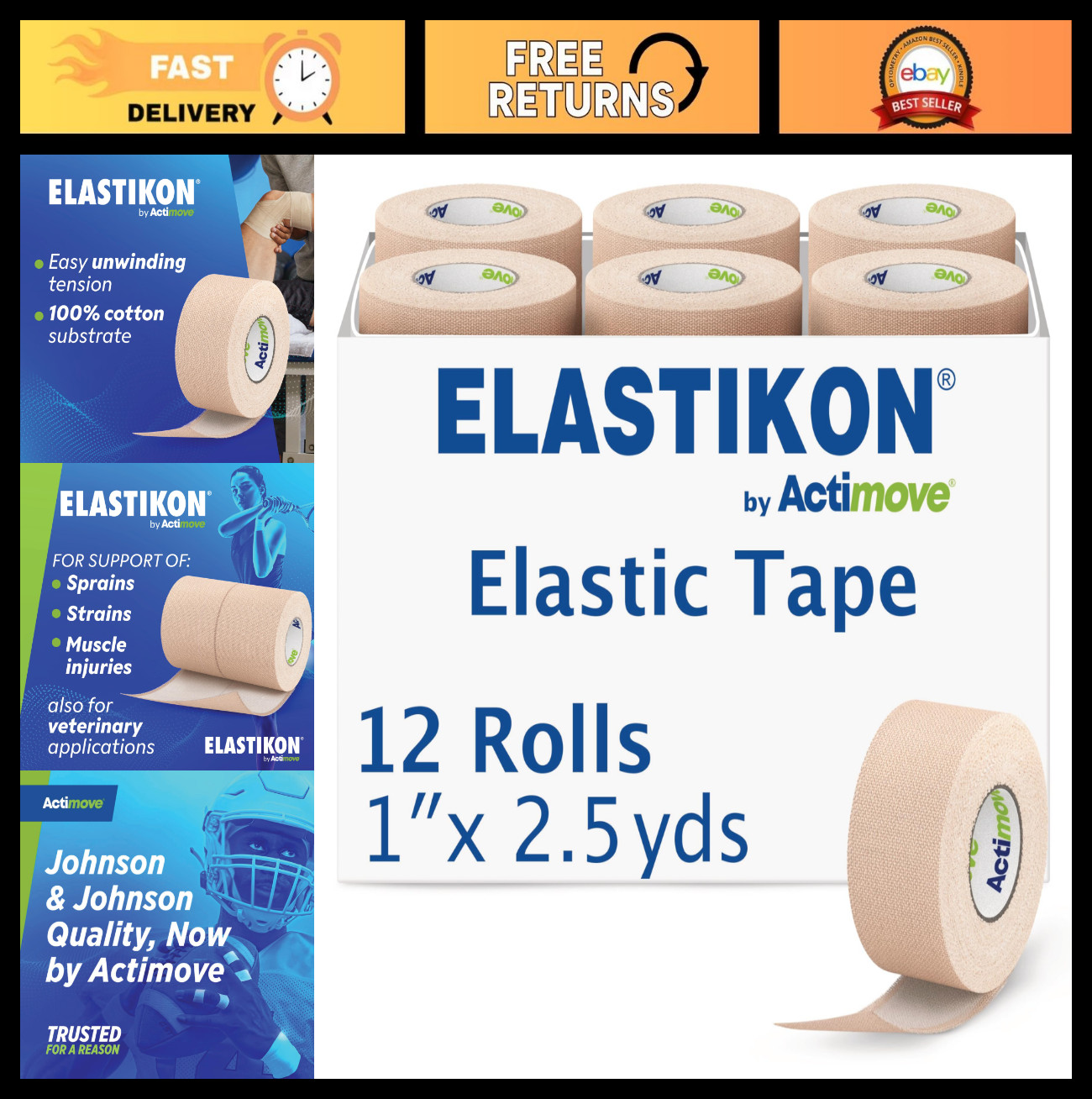 Elastic Cotton Tape 1″ x 2.5 yd – 12 Rolls for Compression & Support, Injuries
