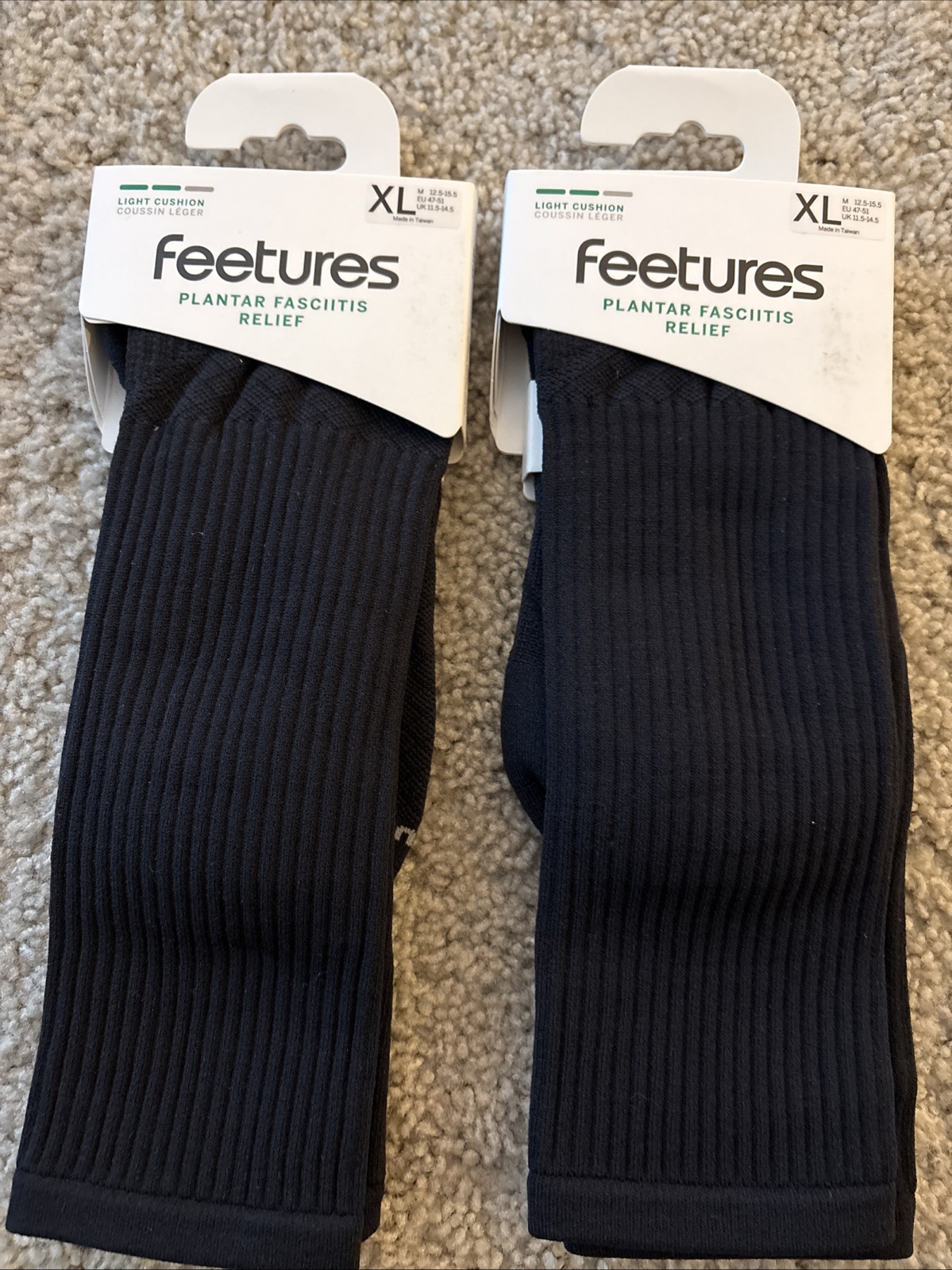 Feetures Plantar Fasciitis Relief Light Cushion Crew Sock XL 2 Pairs NEW!