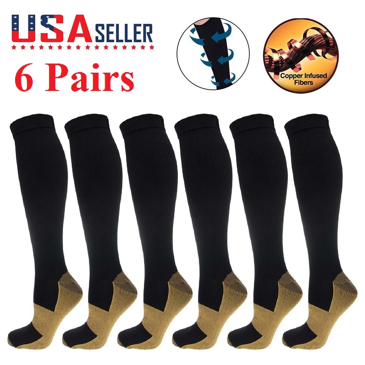 6 Pairs 20-30mmHg Copper Compression Socks Graduated Support Mens Womens S-XXL