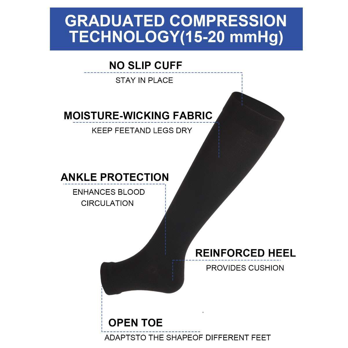 Compression Socks Leg Support Stockings Womens Mens 15-20 mmHG Open Toe XXL