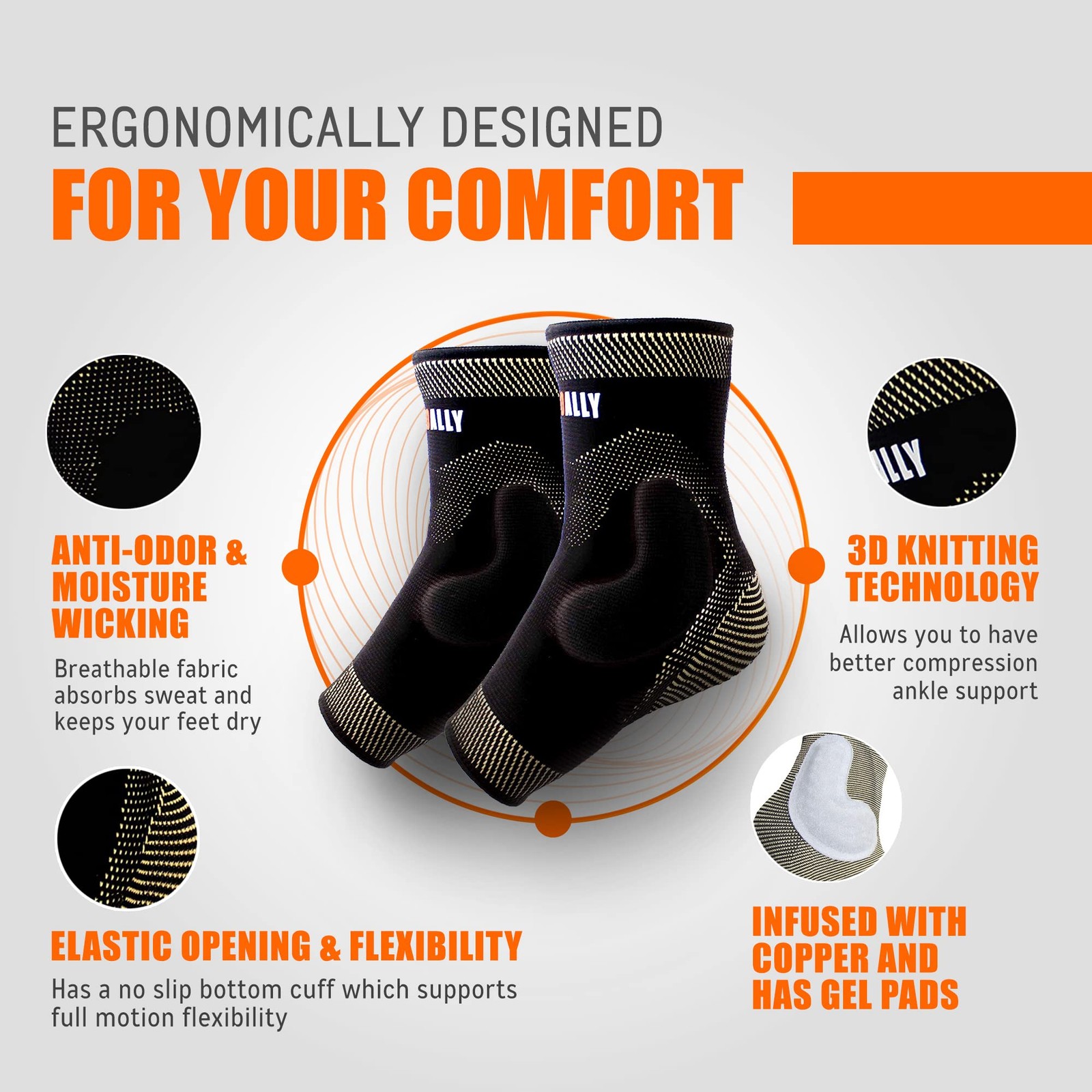 Ankle Brace Large Copper Infused Silicone Gel Compression Sleeve – Pain Relief