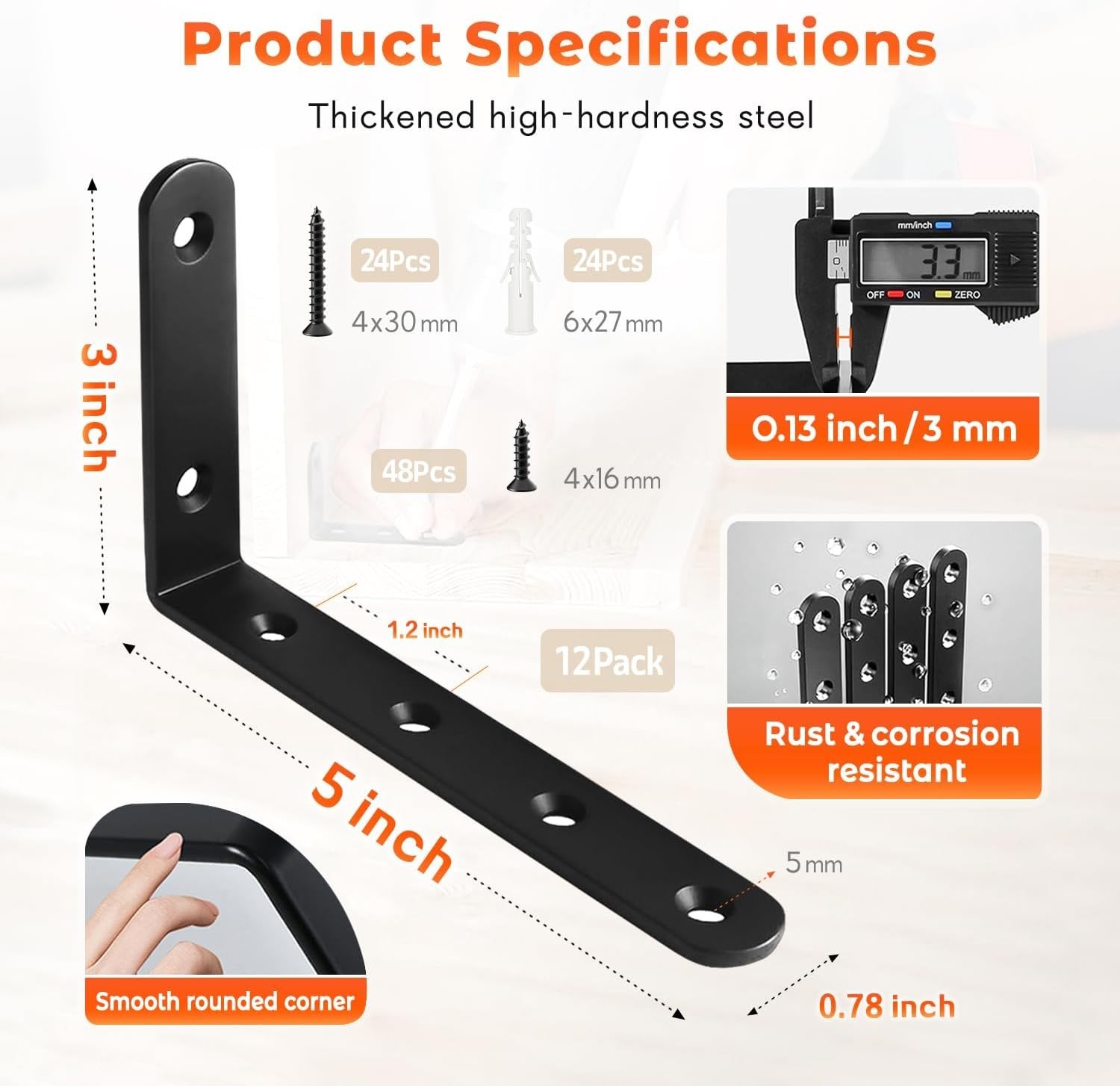 Wall Hanging Bracket 12PCS – Black Steel L Corner