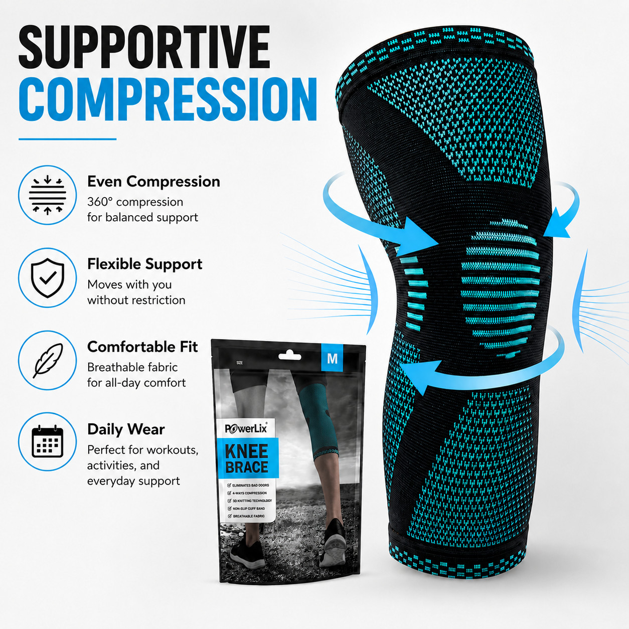 POWERLIX Knee Brace Compression Sleeve Support Men Women Running Gym Medium Teal