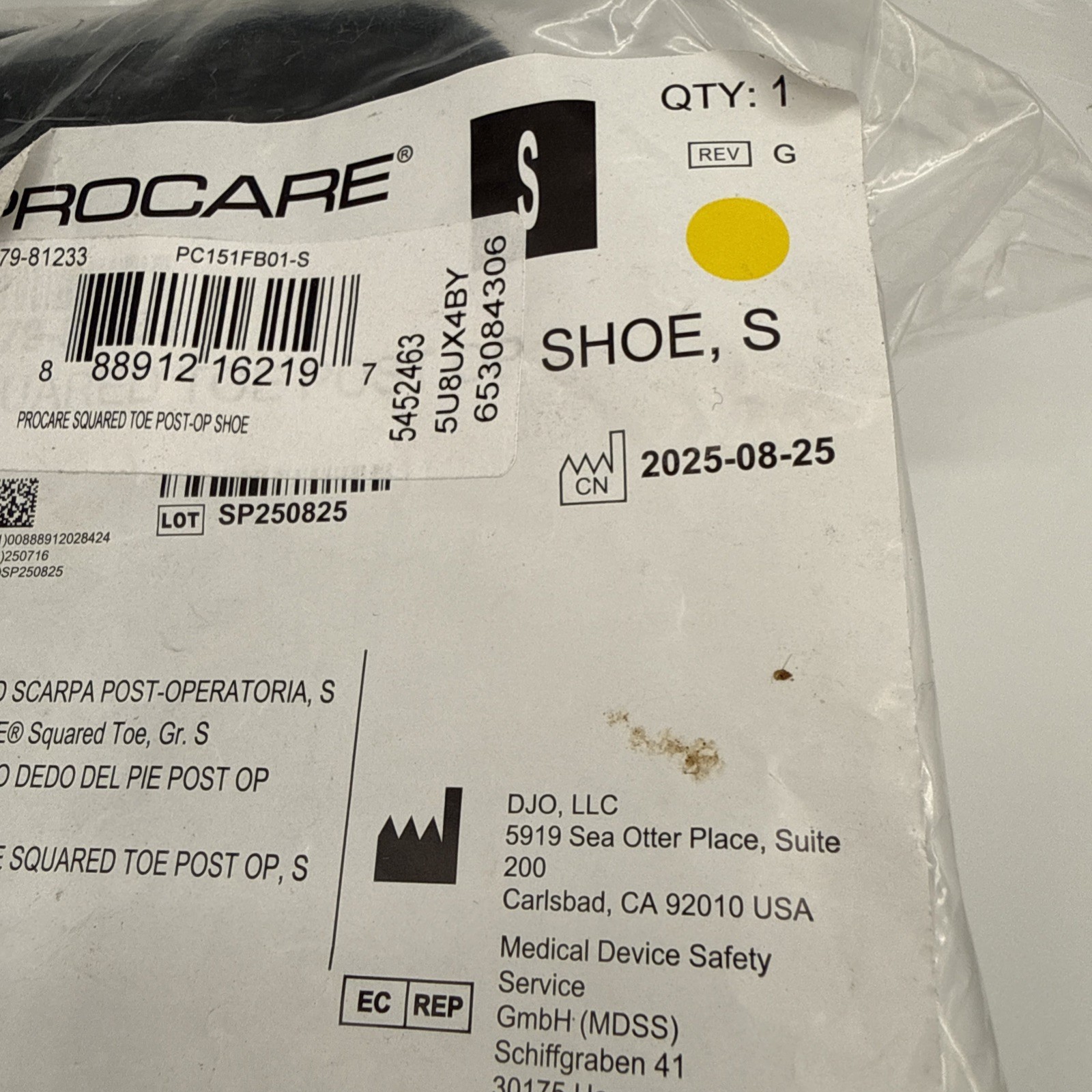 ProCare Squared Toe Post-Op Shoe Small Black 79-81233 DJO New Sealed PC151FB01-S