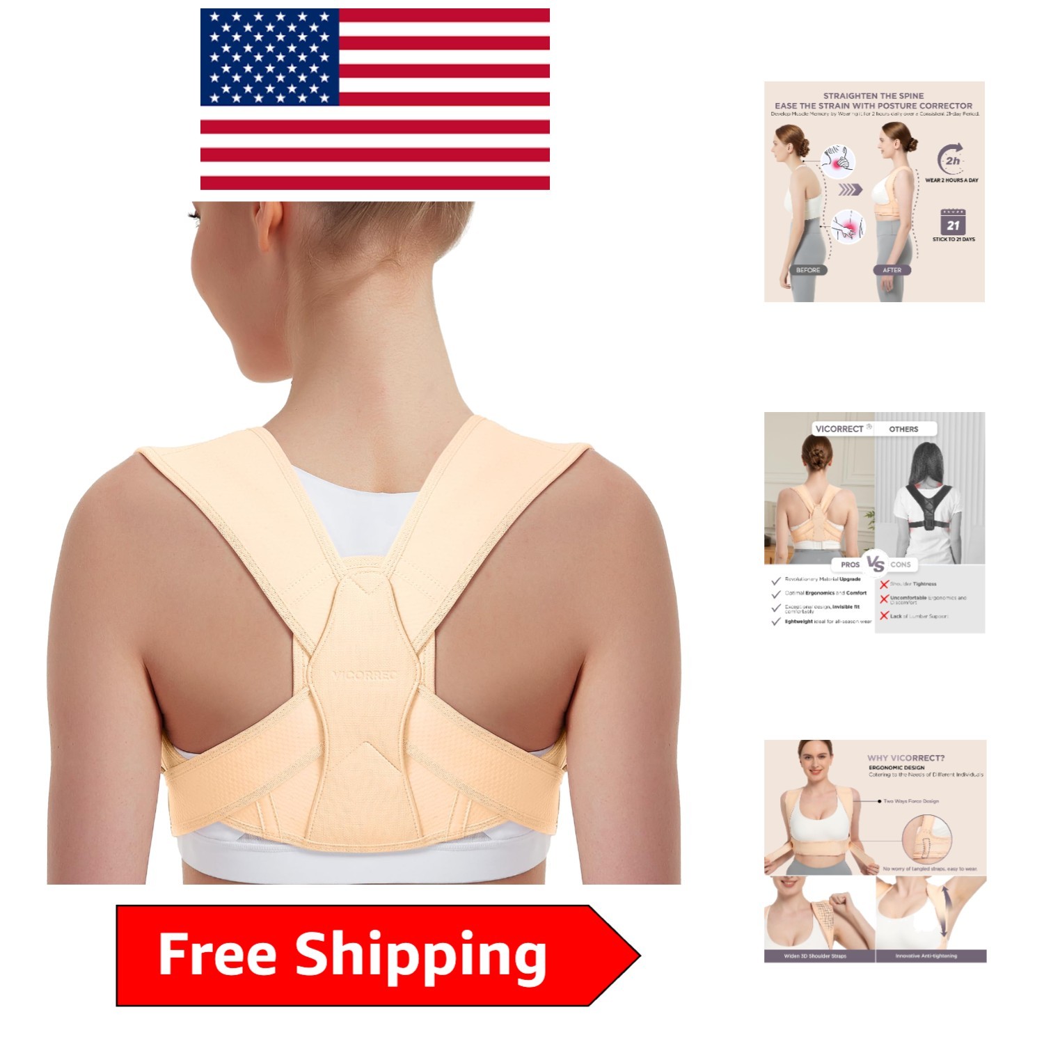 Comfortable Upper Back Brace for Better Posture – Adjustable Beige Support, L/XL