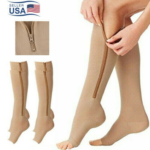 Mens Womens Running Zipper Compression Socks Support Stockings Leg Calf (S-XXL)