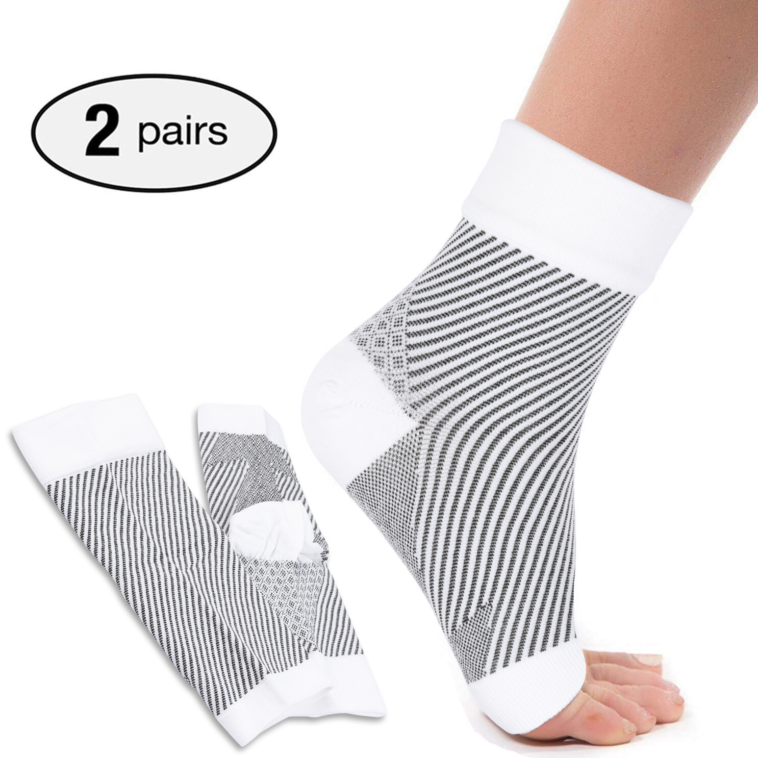 2 PAIR Graduated Compression Foot Sleeves for Runners, Nurses, Travelling, Gym