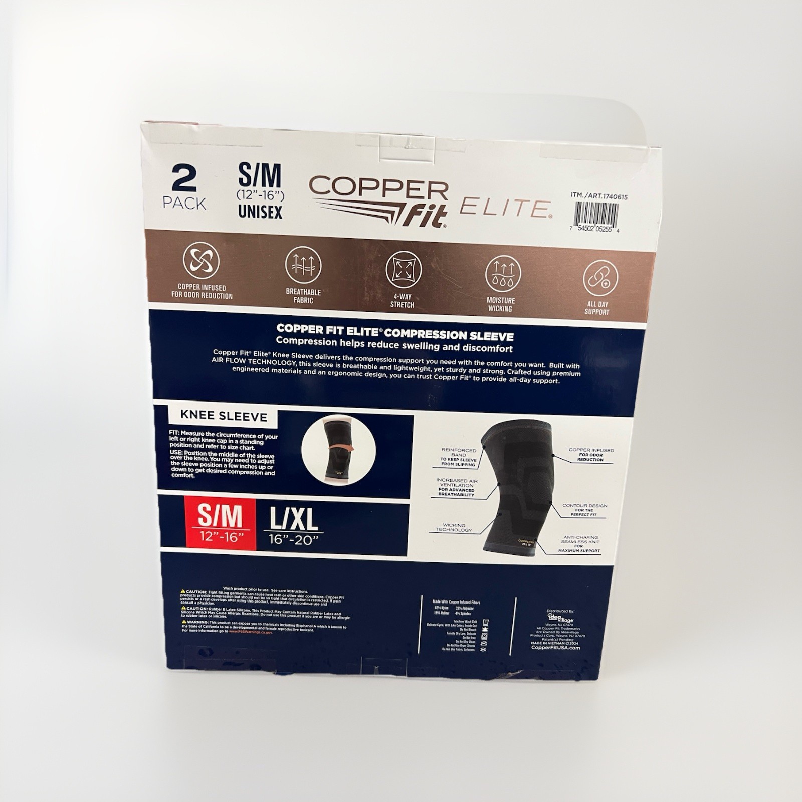Elite Copper Fit Knee Compression Sleeve Flexible S/M 12-16″ 2-Pack NEW