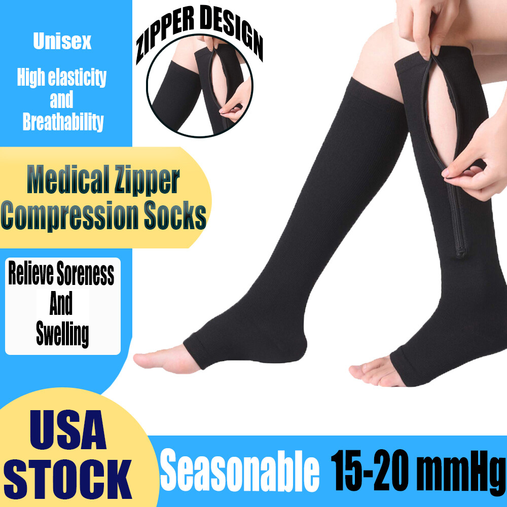 Zipper Compression Socks 15-20 mmhg Open Toe Graduated Knee High Stretch Socks