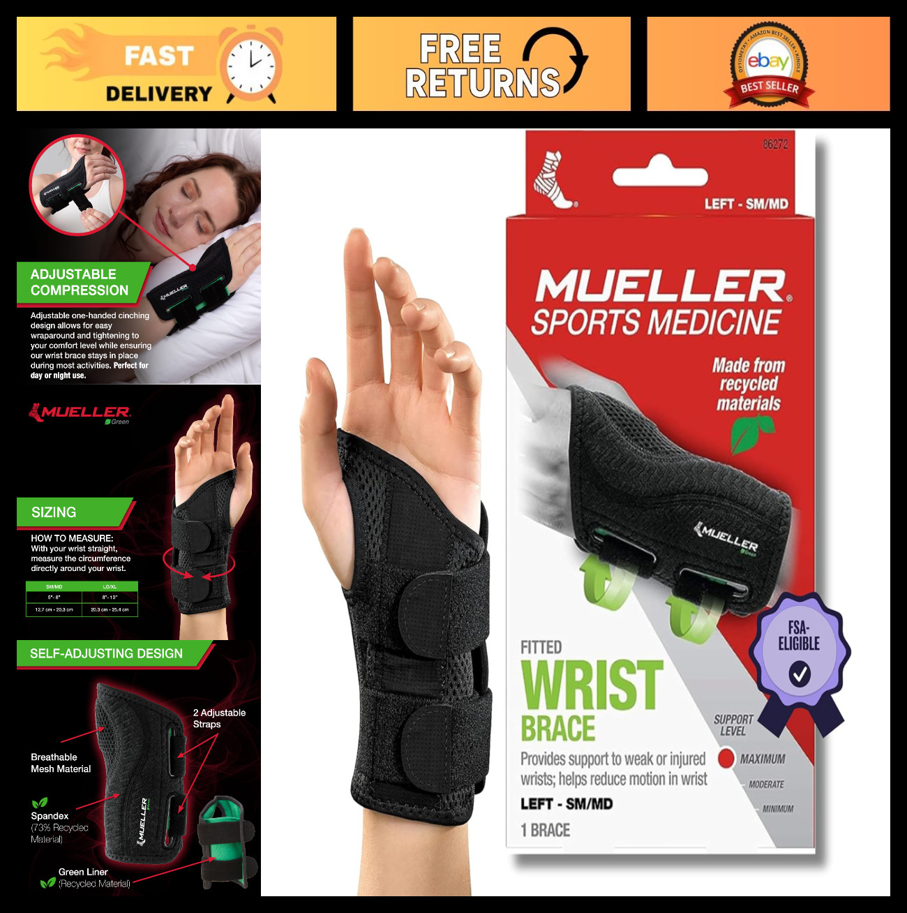 Fitted Wrist Brace for Men & Women – Pain Relief Support for Carpal Tunnel, Tend