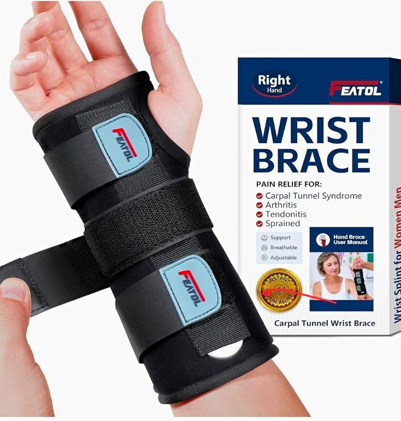 FEATOL Carpal Tunnel Wrist Brace Right Hand S/M Black Adjustable Breathable