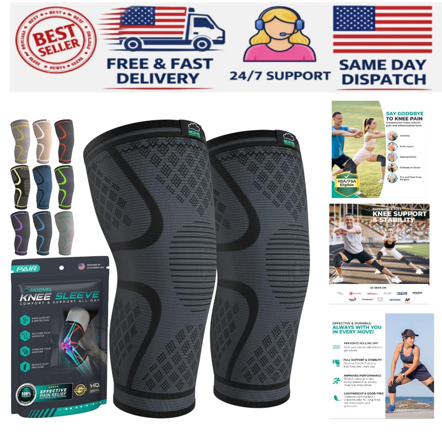 Lightweight Non-Slip Knee Brace Sets for Active Lifestyles – 2 Sleeves Included