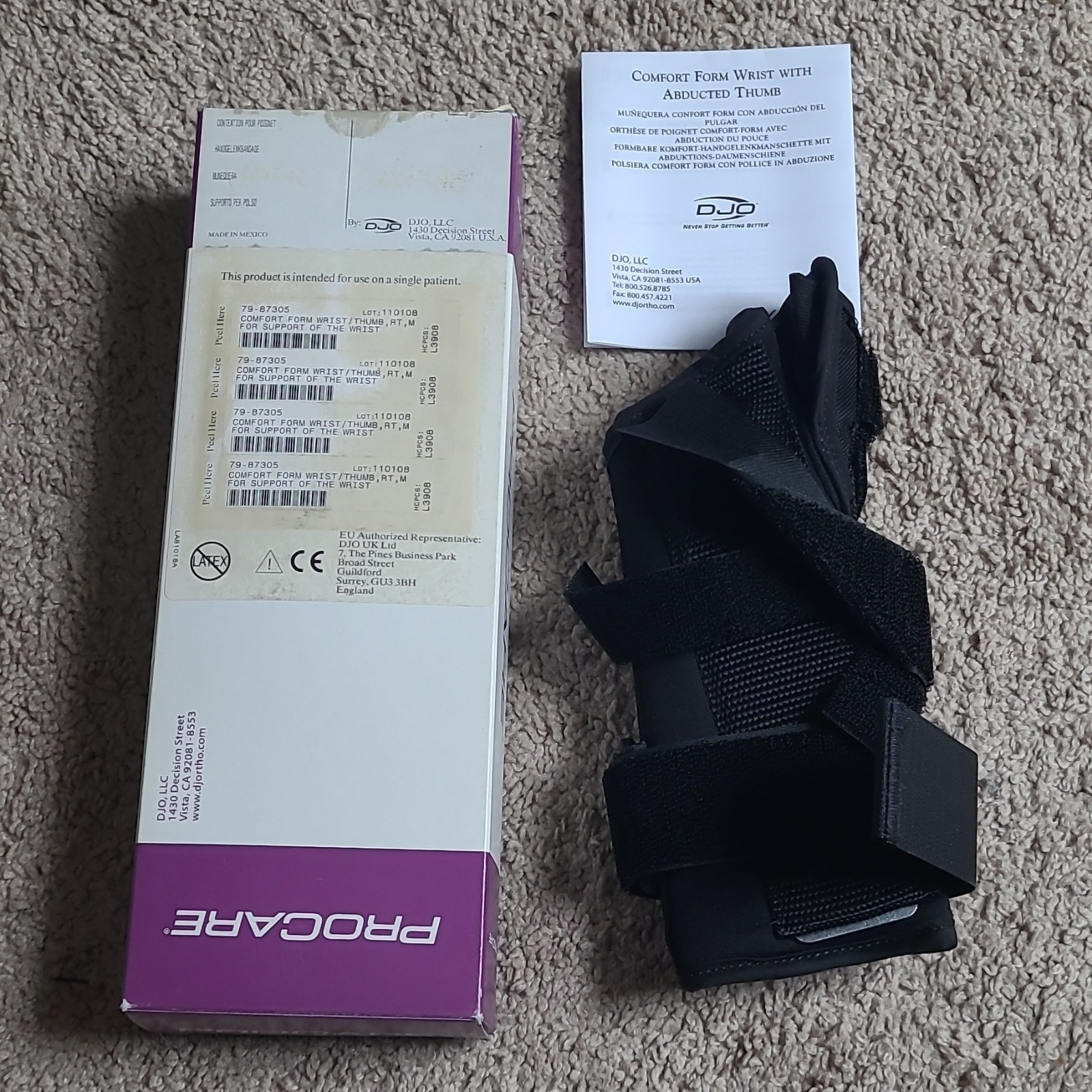 ProCare Comfort Form Wrist/Thumb Brace Support, Right M, CE, MPN 79-87305