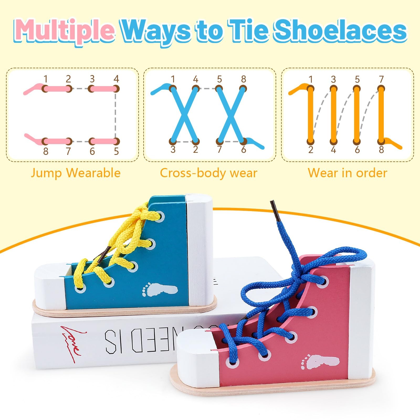 2 Pack Wooden Shoe Tying Practice Kit with Blue and Pink Laces, Instructional…
