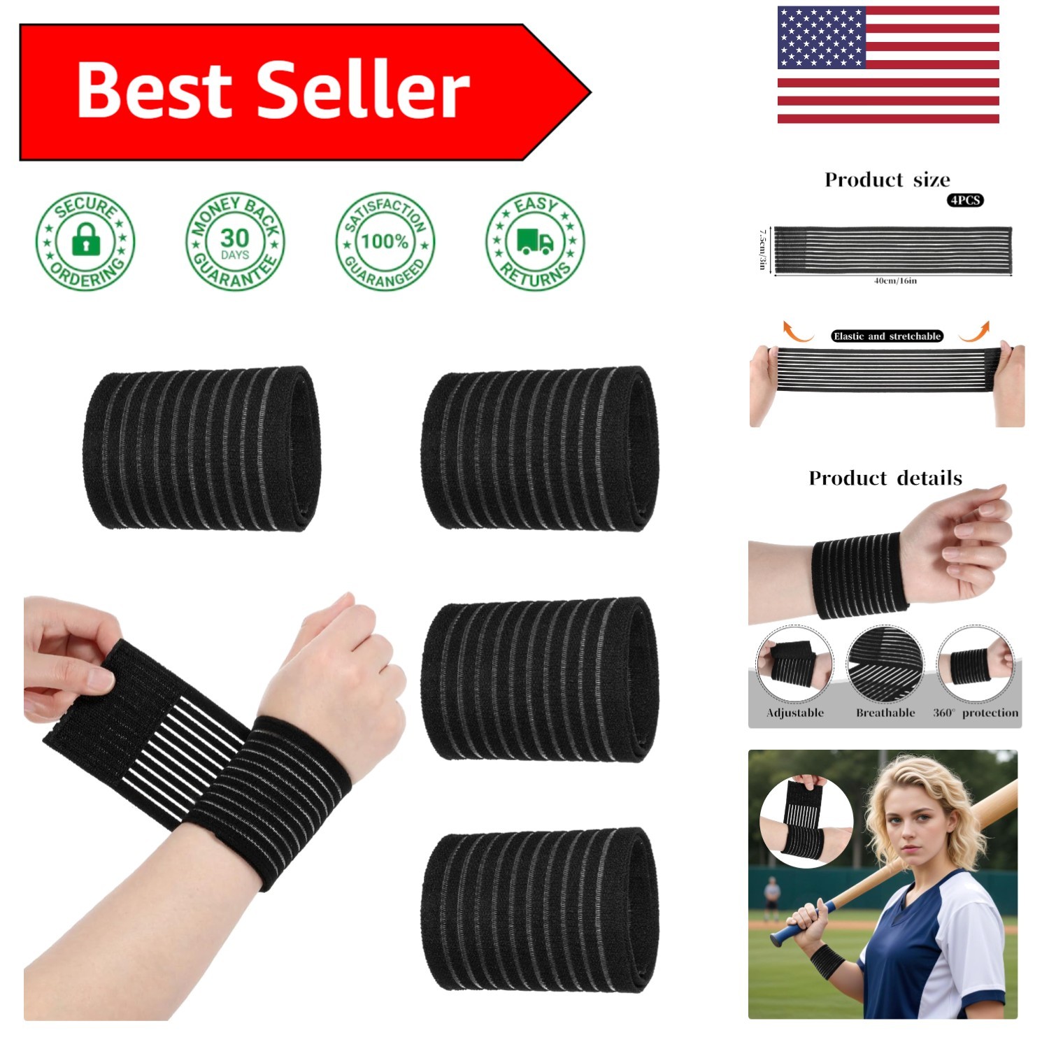 Durable 4 PCS Wrist Guards – Adjustable Support for Yoga, Tennis & Weightlifting