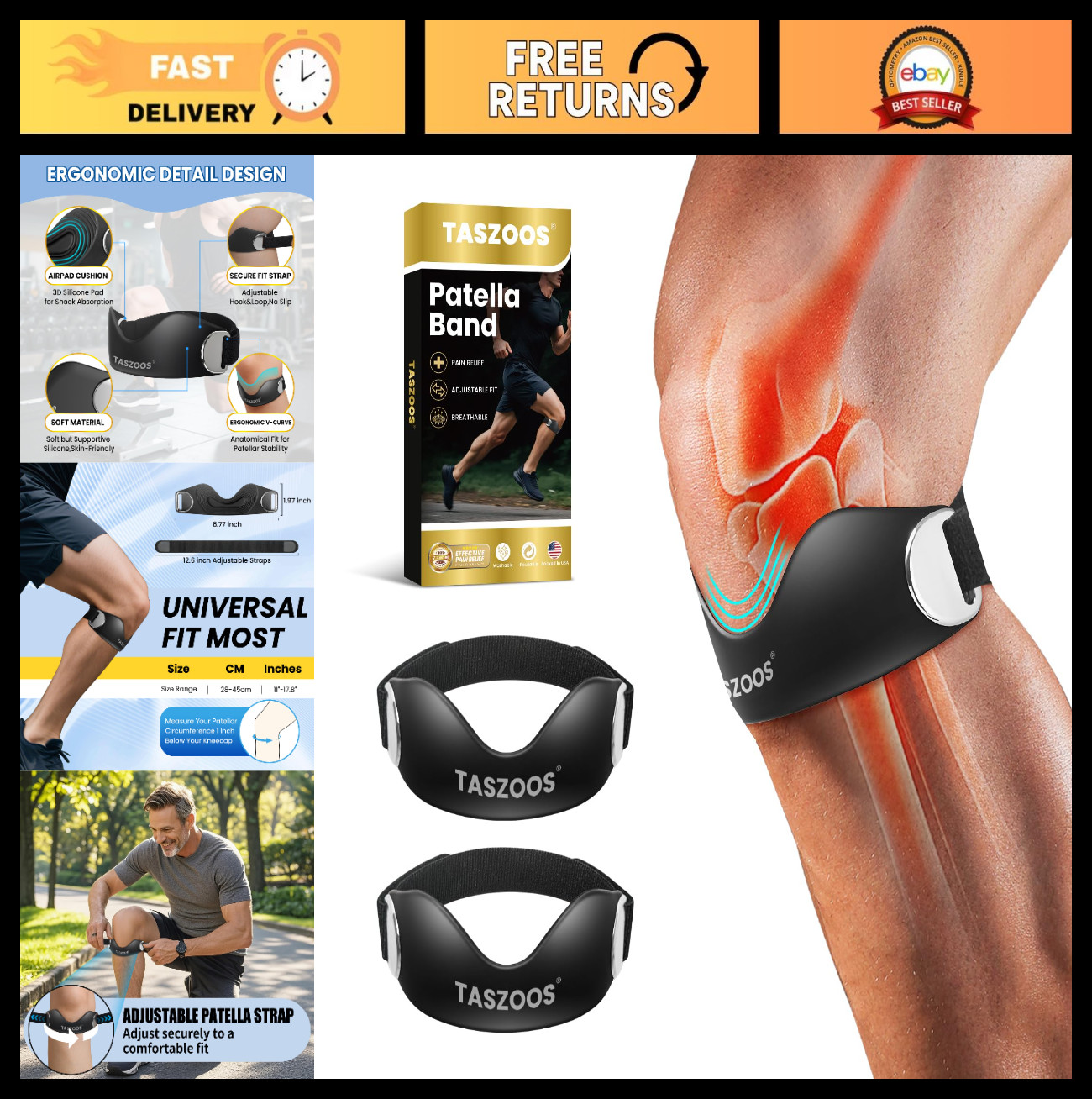 Adjustable Non-Slip Patellar Tendon Support Strap – 2 Pack Knee Pain Relief for