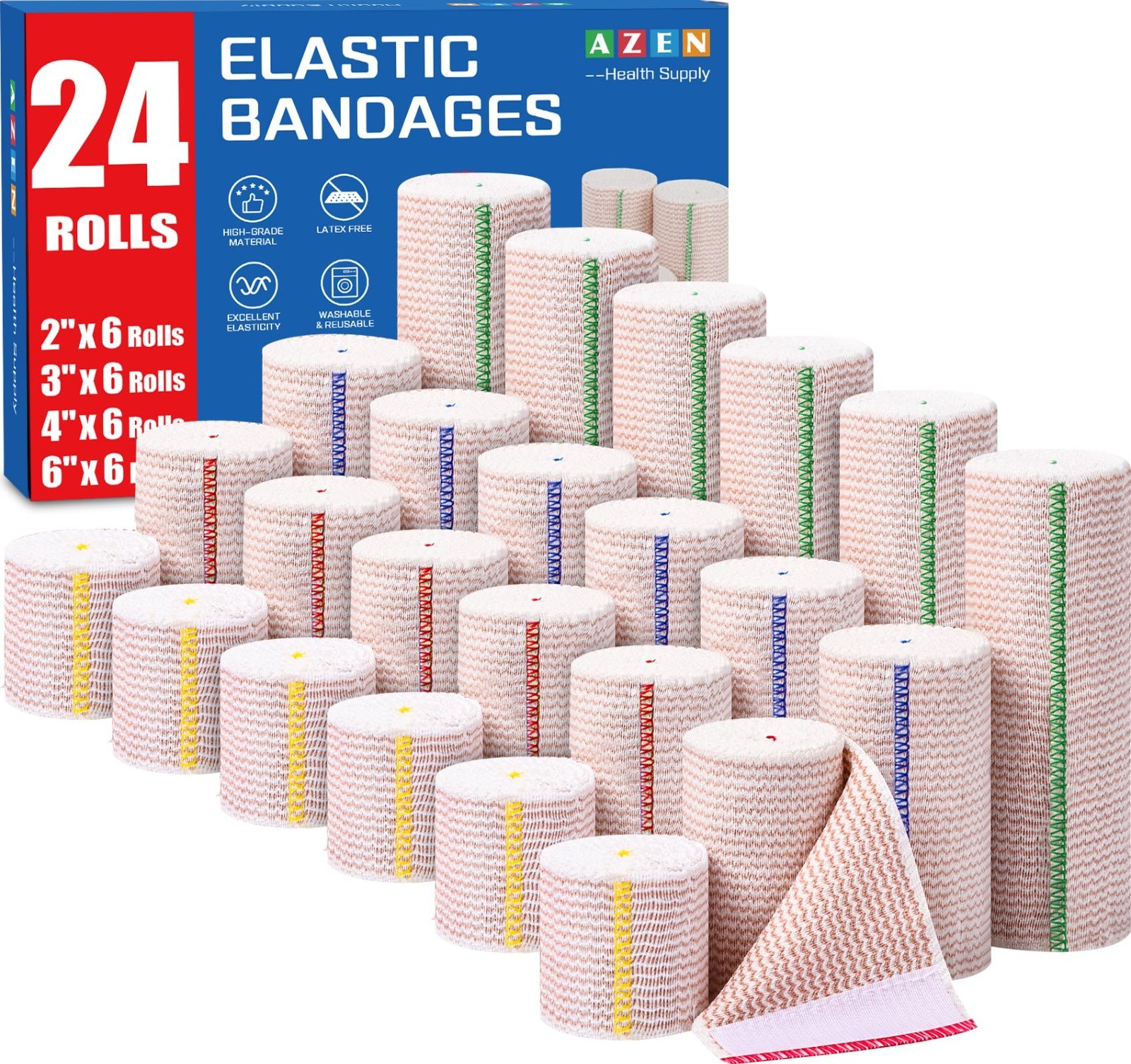 24 Pack Elastic Bandage Wraps – Compression for Legs, Ankle, Knee, Tummy, Latex-