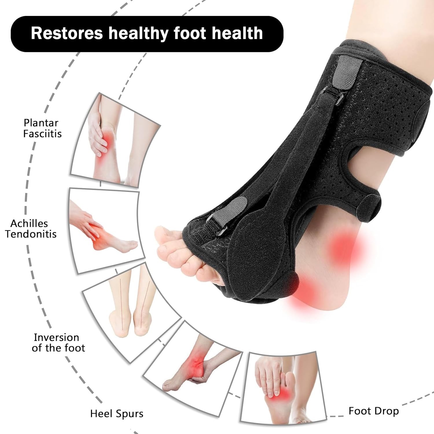 Plantar Fasciitis Night Splint, 3 Adjustable Straps – Adult/Unisex – Black
