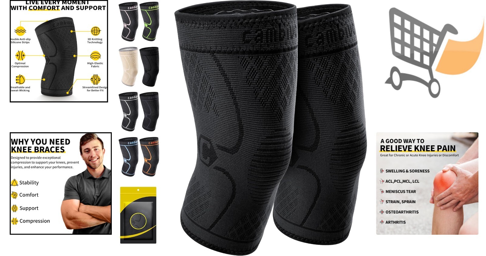 2 Pack Knee Brace Knee Support Compression Sleeves for Running Workout Hiking