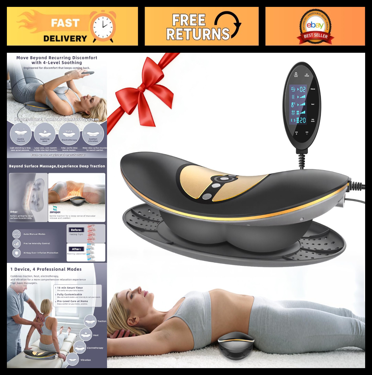 4-in-1 Electric Lumbar Traction Device – Adjustable Back Massager for Pain Relie