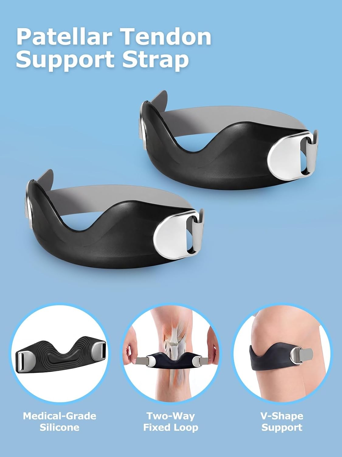 Silicone Patellar Tendon Support Strap 2 Pack, Knee Band for Sports Injuries
