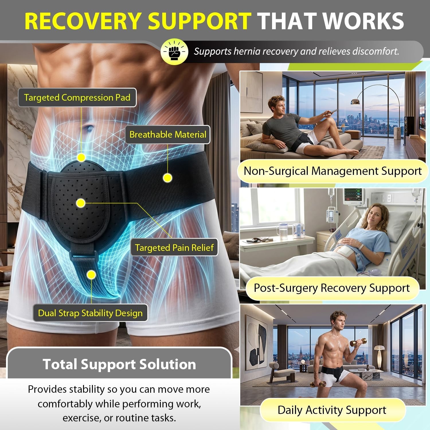 Adjustable Inguinal Hernia Support Belt for Men & Women, Left/Right Truss, Slim