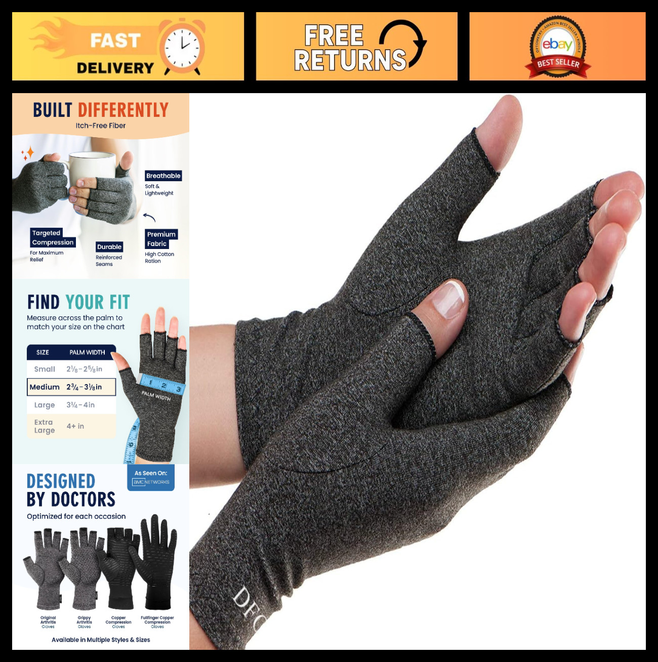 Arthritis Compression Gloves for Men & Women – Fingerless Hand Support for Pain